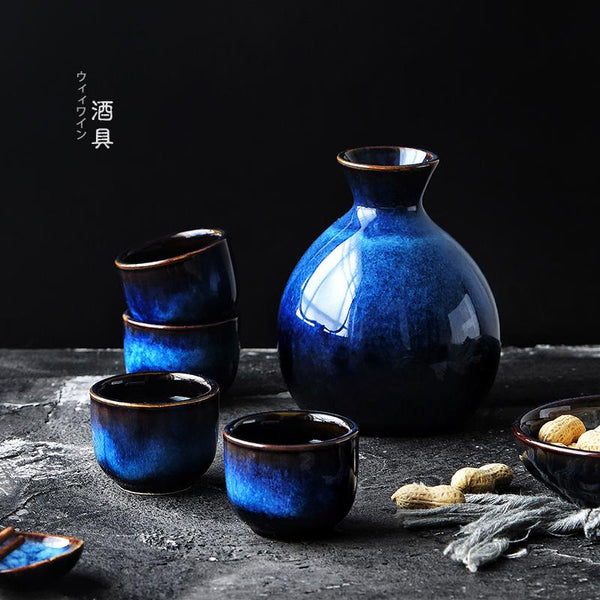 Blue Ceramic Japanese Sake Set Cups & Saucers