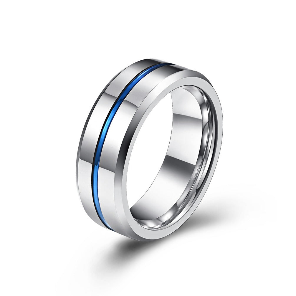 Veile Studios Blue Tungsten Gold Simple Mens Ring With Ribbon Wear Resistant Design Rings