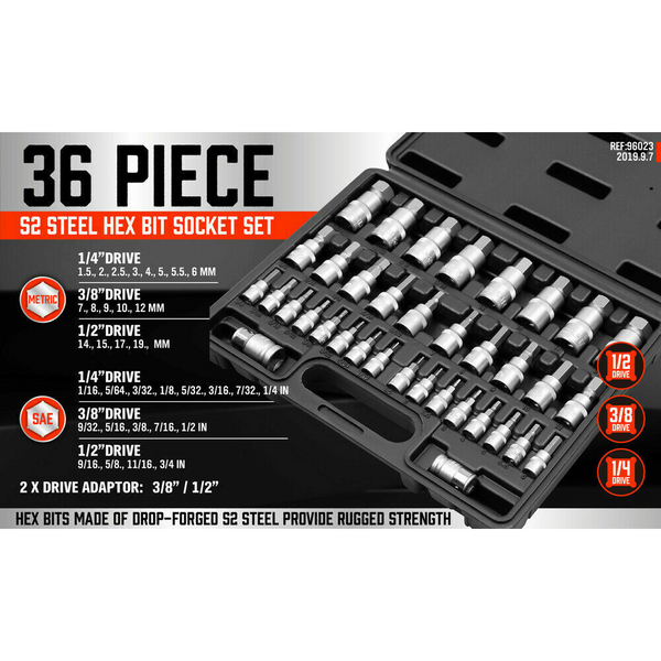 36-Piece Hex Bit Socket Set, Sae And Metric Sizes, S2 Steel Bits, Chrome Vanadium Sockets Adapters With Storage Case