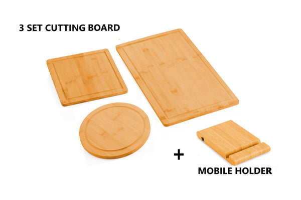 Carla Home 3 Pieces Bamboo Cutting Board With Juice Groove And Mobile Holder Included For Kitchen Cutting Boards