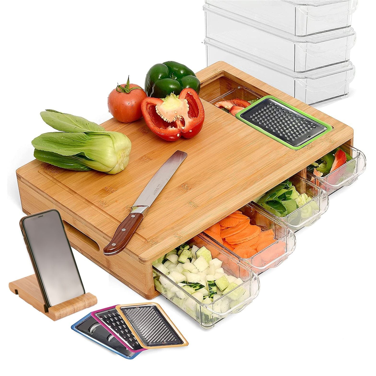 Carla Home Large Bamboo Cutting Board And 4 Containers With Mobile Holder Gift Included For Kitchen Cutting Boards