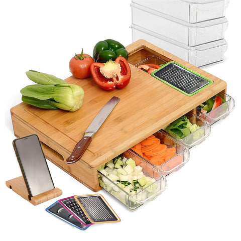 Carla Home Large Bamboo Cutting Board And 4 Containers With Mobile Holder Gift Included For Kitchen Cutting Boards