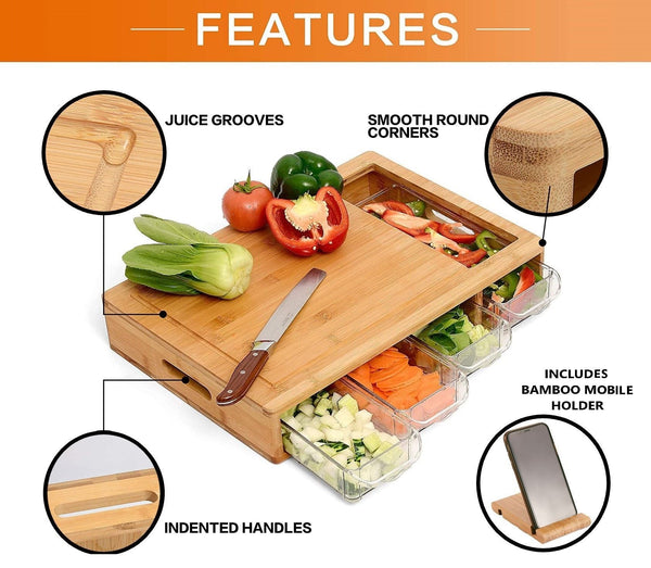 Carla Home Large Bamboo Cutting Board And 4 Containers With Mobile Holder Gift Included For Kitchen Cutting Boards