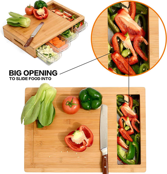 Carla Home Large Bamboo Cutting Board And 4 Containers With Mobile Holder Gift Included For Kitchen Cutting Boards