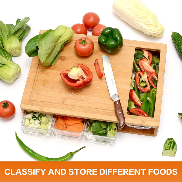 Carla Home Large Bamboo Cutting Board And 4 Containers With Mobile Holder Gift Included For Kitchen Cutting Boards