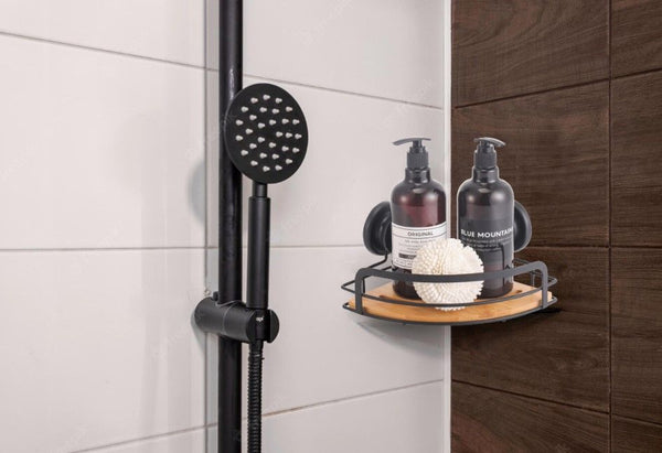 Carla Home 2 Pack Round Bamboo Corner Shower Caddy Shelf Basket Rack With Premium Vacuum Suction Cup No Drilling For Bathroom And Kitchen Shelves