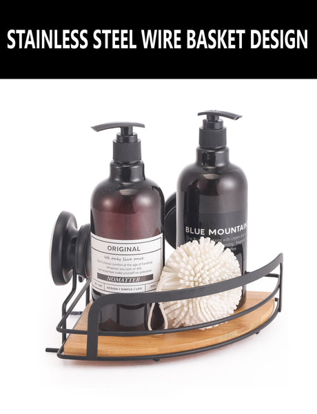 Carla Home 2 Pack Round Bamboo Corner Shower Caddy Shelf Basket Rack With Premium Vacuum Suction Cup No Drilling For Bathroom And Kitchen Shelves