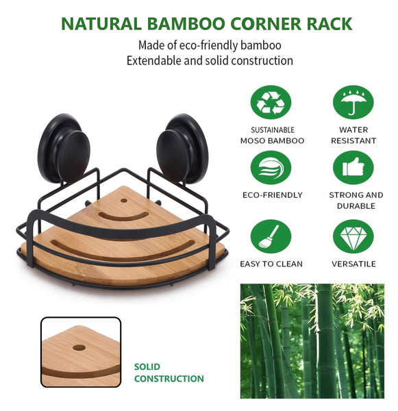 Carla Home 2 Pack Round Bamboo Corner Shower Caddy Shelf Basket Rack With Premium Vacuum Suction Cup No Drilling For Bathroom And Kitchen Shelves