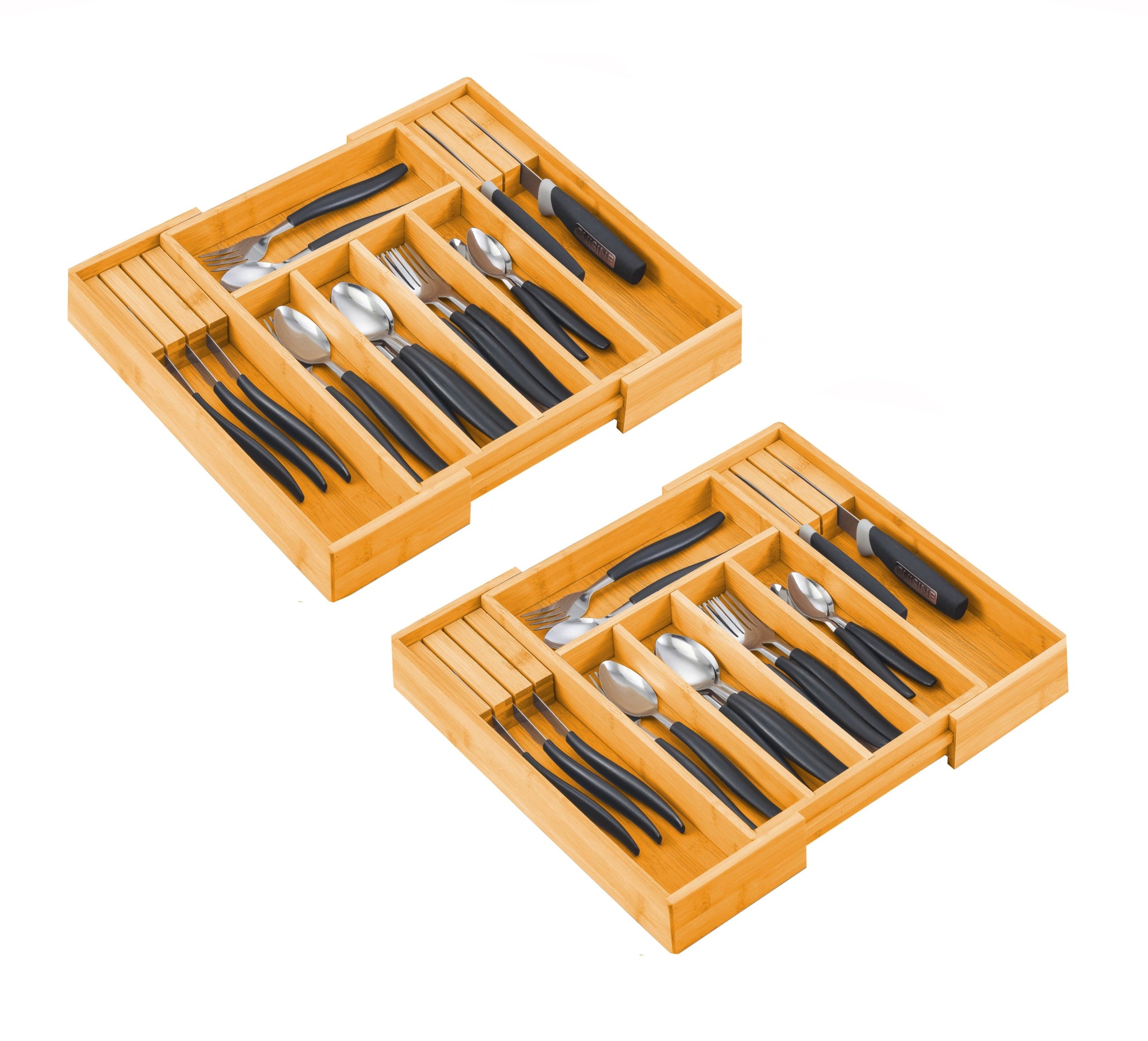 2 Pack Large Capacity Bamboo Expandable Drawer Organizer With Knife Block Holder For Home Kitchen Utensils Drawer Organisers