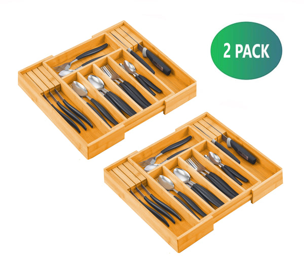 2 Pack Large Capacity Bamboo Expandable Drawer Organizer With Knife Block Holder For Home Kitchen Utensils Drawer Organisers