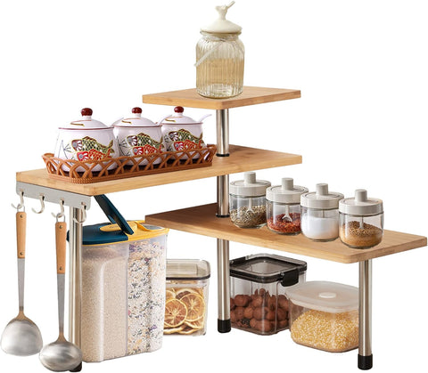3 Tier Corner Shelf Kitchen Spice Rack Organiser With Hooks For Home Storage & Organisation Adjustable Bamboo Wall Pantry Freestanding Jars Spice Jars