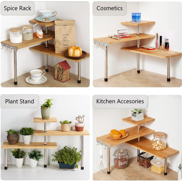 3 Tier Corner Shelf Kitchen Spice Rack Organiser With Hooks For Home Storage & Organisation Adjustable Bamboo Wall Pantry Freestanding Jars Spice Jars