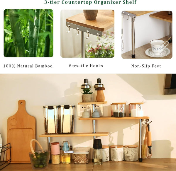 3 Tier Corner Shelf Kitchen Spice Rack Organiser With Hooks For Home Storage & Organisation Adjustable Bamboo Wall Pantry Freestanding Jars Spice Jars
