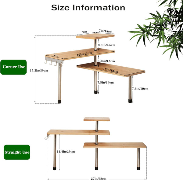 3 Tier Corner Shelf Kitchen Spice Rack Organiser With Hooks For Home Storage & Organisation Adjustable Bamboo Wall Pantry Freestanding Jars Spice Jars