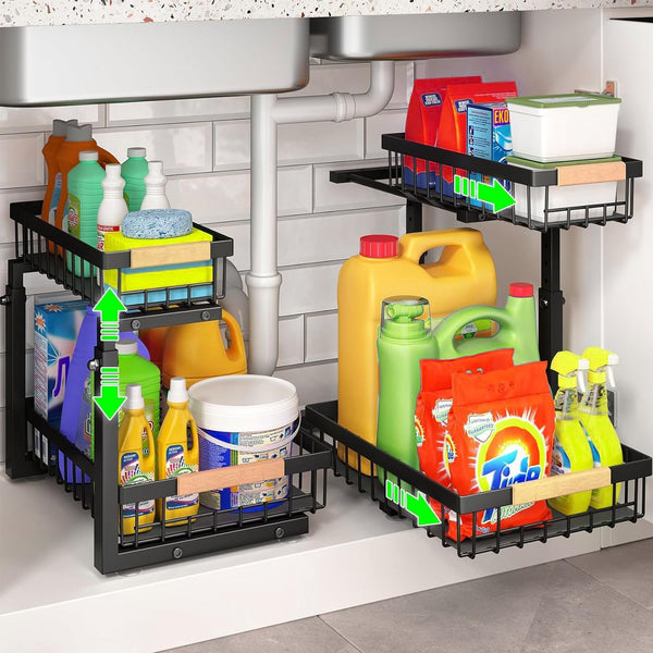 Carla Home 2 Tier Kitchen Under Sink Organiser Storage With Height Adjustable Unique Slide Rail & Suction Cups For Sink Organisers