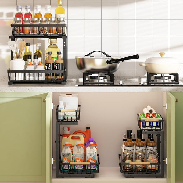 Carla Home 2 Tier Kitchen Under Sink Organiser Storage With Height Adjustable Unique Slide Rail & Suction Cups For Sink Organisers