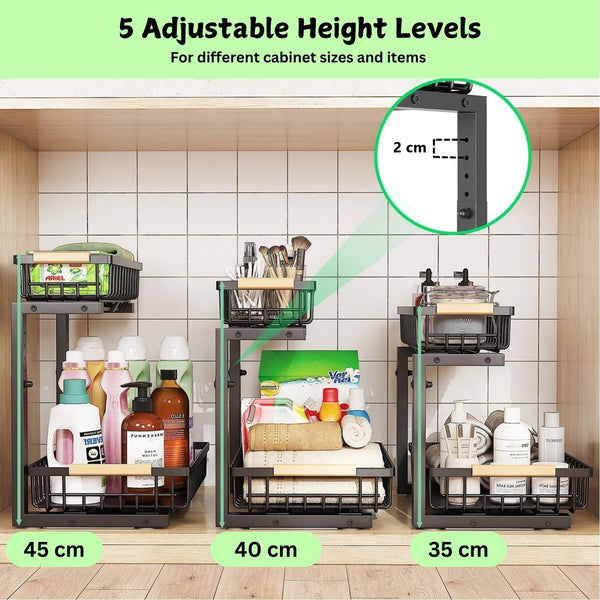Carla Home 2 Tier Kitchen Under Sink Organiser Storage With Height Adjustable Unique Slide Rail & Suction Cups For Sink Organisers