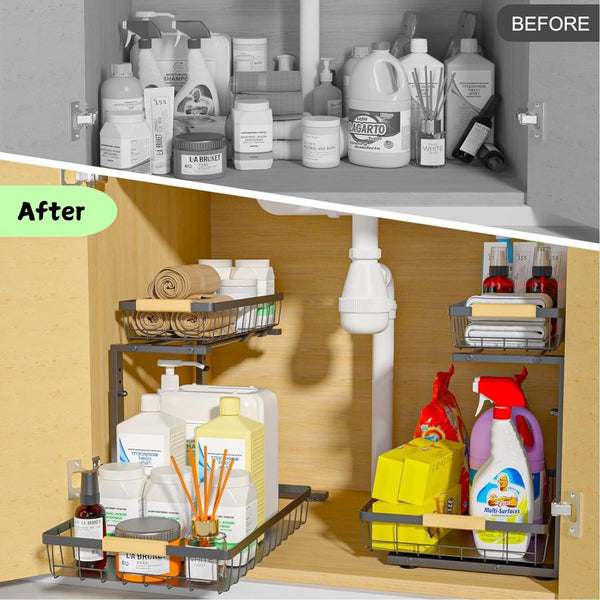 Carla Home 2 Tier Kitchen Under Sink Organiser Storage With Height Adjustable Unique Slide Rail & Suction Cups For Sink Organisers