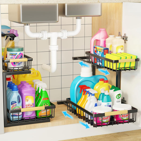 Carla Home 2 Tier Kitchen Under Sink Organiser Storage With Height Adjustable Unique Slide Rail & Suction Cups For Sink Organisers