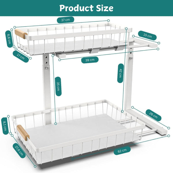 Carla Home 2 Tier Kitchen Under Sink Organiser Storage With Height Adjustable Unique Slide Rail & Suction Cups For White Sink Organisers
