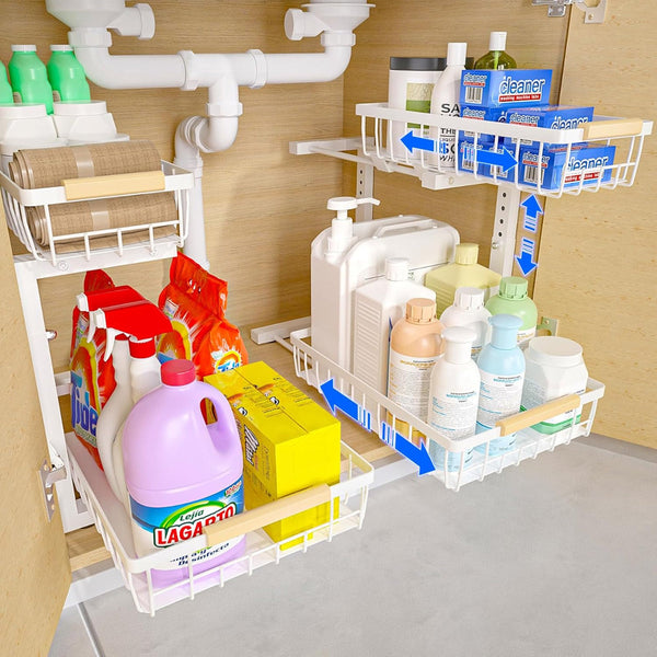 Carla Home 2 Tier Kitchen Under Sink Organiser Storage With Height Adjustable Unique Slide Rail & Suction Cups For White Sink Organisers