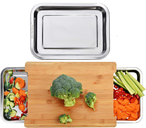 Carla Home Chopping Board With 2 Organiser Stainless Steel Trays Containers Cutting Boards