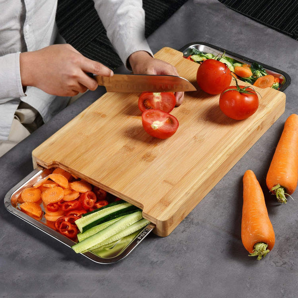 Carla Home Chopping Board With 2 Organiser Stainless Steel Trays Containers Cutting Boards