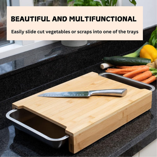 Carla Home Chopping Board With 2 Organiser Stainless Steel Trays Containers Cutting Boards