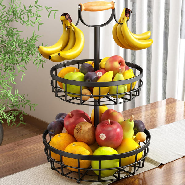 Carla Home 2 Tier Fruit Basket Bowl Storage With Wood Lift Handle And Dual Banana Tree Hanger For Kitchen Countertop Baskets
