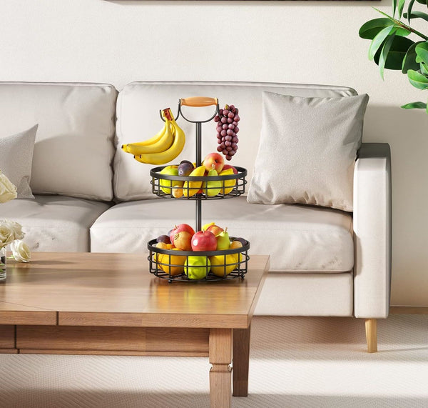 Carla Home 2 Tier Fruit Basket Bowl Storage With Wood Lift Handle And Dual Banana Tree Hanger For Kitchen Countertop Baskets