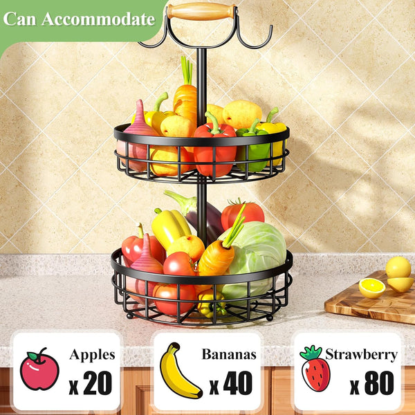 Carla Home 2 Tier Fruit Basket Bowl Storage With Wood Lift Handle And Dual Banana Tree Hanger For Kitchen Countertop Baskets