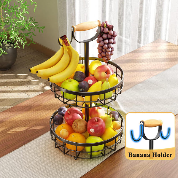 Carla Home 2 Tier Fruit Basket Bowl Storage With Wood Lift Handle And Dual Banana Tree Hanger For Kitchen Countertop Baskets