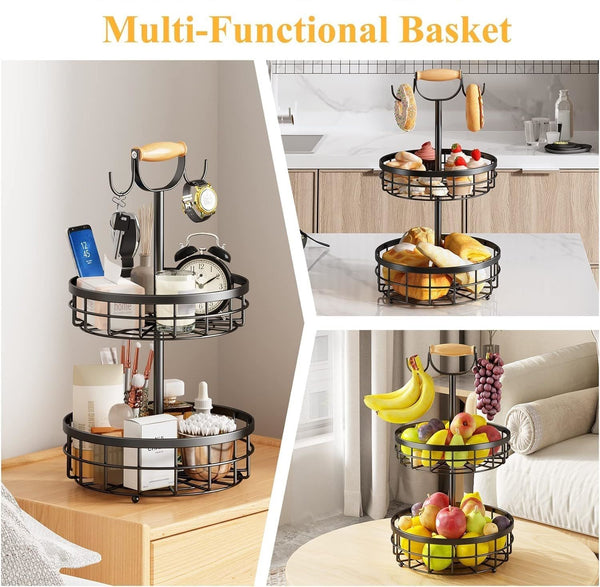 Carla Home 2 Tier Fruit Basket Bowl Storage With Wood Lift Handle And Dual Banana Tree Hanger For Kitchen Countertop Baskets