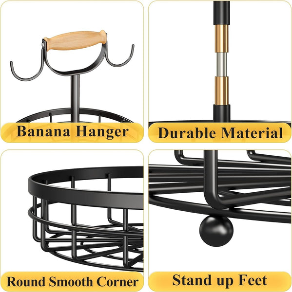 Carla Home 2 Tier Fruit Basket Bowl Storage With Wood Lift Handle And Dual Banana Tree Hanger For Kitchen Countertop Baskets
