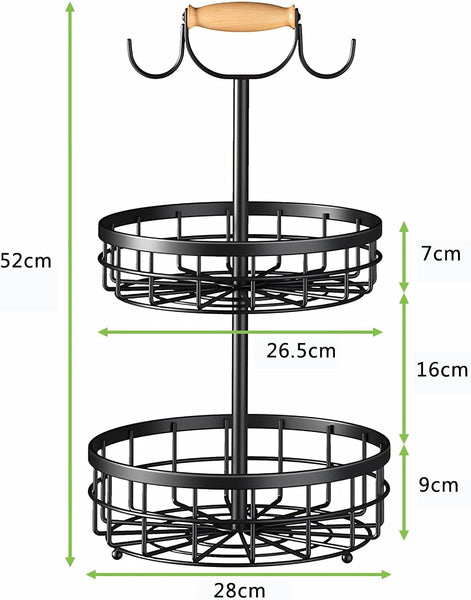 Carla Home 2 Tier Fruit Basket Bowl Storage With Wood Lift Handle And Dual Banana Tree Hanger For Kitchen Countertop Baskets