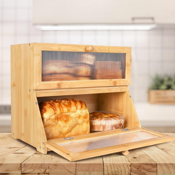 Carla Home Double Layer Bamboo Bread Box For Kitchen Counter With Large Capacity And Clear Window Bread Bins