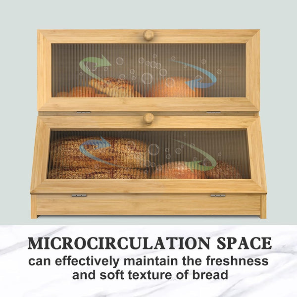Carla Home Double Layer Bamboo Bread Box For Kitchen Counter With Large Capacity And Clear Window Bread Bins