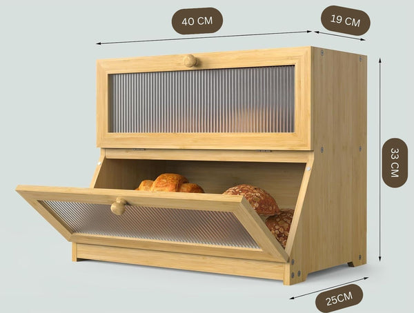 Carla Home Double Layer Bamboo Bread Box For Kitchen Counter With Large Capacity And Clear Window Bread Bins