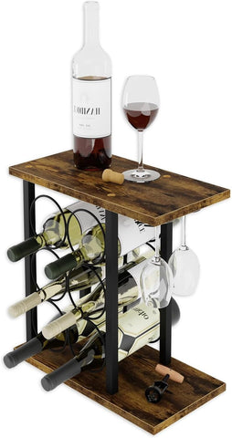 Carla Home Wine Rack Countertop Wooden & Metal Holder For 6 Bottles 2 Glasses Racks