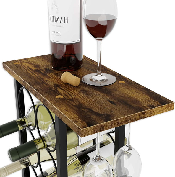 Carla Home Wine Rack Countertop Wooden & Metal Holder For 6 Bottles 2 Glasses Racks