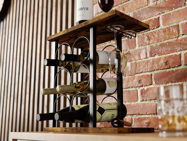 Carla Home Wine Rack Countertop Wooden & Metal Holder For 6 Bottles 2 Glasses Racks