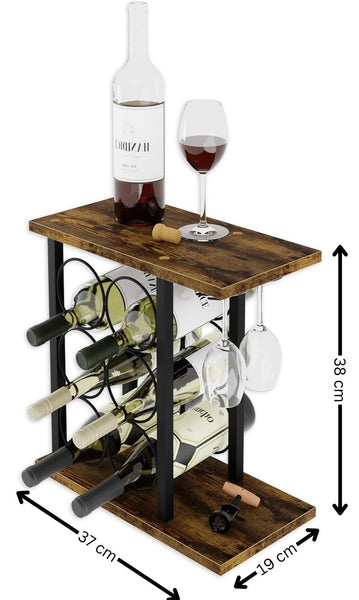 Carla Home Wine Rack Countertop Wooden & Metal Holder For 6 Bottles 2 Glasses Racks