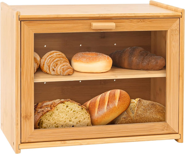 Carla Home Double Layer Bamboo Bread Box For Kitchen Counter With Large Capacity And Transparent Window Bread Bins