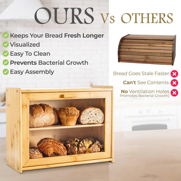 Carla Home Double Layer Bamboo Bread Box For Kitchen Counter With Large Capacity And Transparent Window Bread Bins