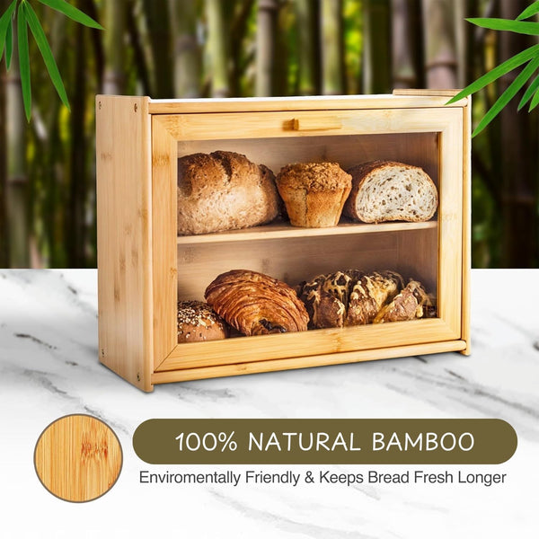 Carla Home Double Layer Bamboo Bread Box For Kitchen Counter With Large Capacity And Transparent Window Bread Bins