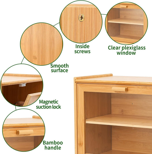 Carla Home Double Layer Bamboo Bread Box For Kitchen Counter With Large Capacity And Transparent Window Bread Bins