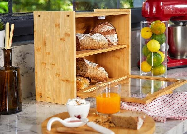 Carla Home Double Layer Bamboo Bread Box For Kitchen Counter With Large Capacity And Transparent Window Bread Bins