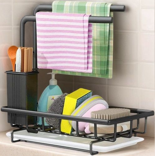 Carla Home Sink Caddy Sponge Holder With Drain Tray Brush & Dishcloth For Kitchen Sink Organisers
