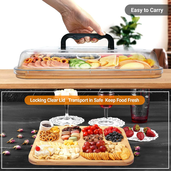 Carla Home Bamboo Charcuterie Board With Lid & Handle Ideal Gift For Kitchen Party Picnic (6 Compartments) Cutting Boards