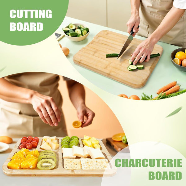 Carla Home Bamboo Charcuterie Board With Lid & Handle Ideal Gift For Kitchen Party Picnic (6 Compartments) Cutting Boards
